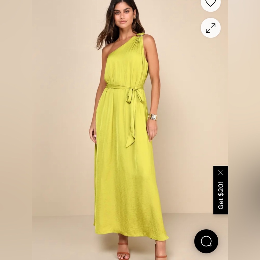 Lulus- Goddess Aura Chartreuse Satin One-Shoulder Maxi Dress